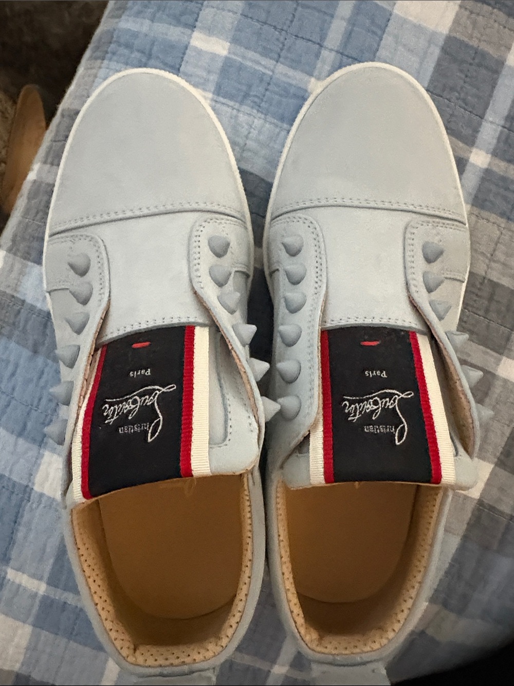 Christian Louboutin Light Gray Stud-Detail Slip-Ons